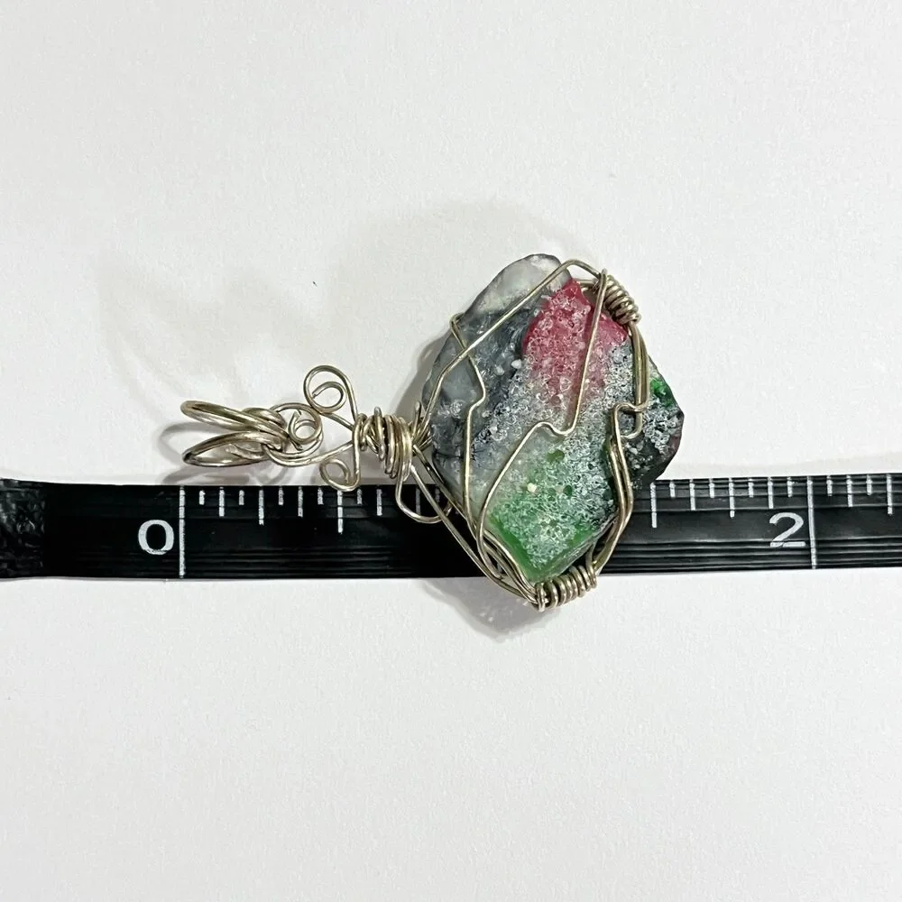 Silver Tone Wire Wrap Pendant Multicolor Imitation Stone Rock Unique Boho Chic